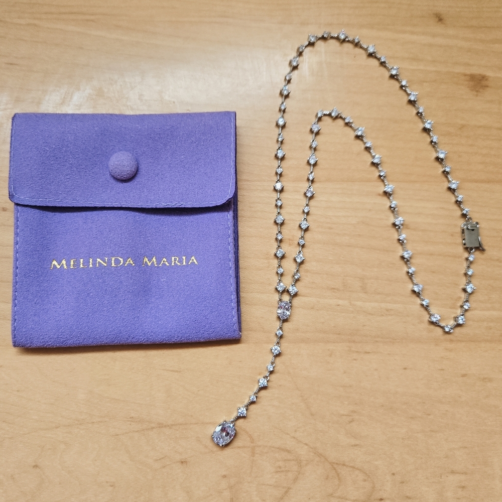 NIB Melinda Maria Lariat Diamondette Necklace Silver Oval Stone